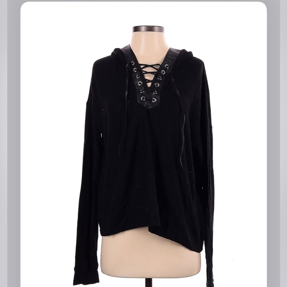 The Kooples Sport size 2 lace up front hooded sweater long sleeve black - Picture 2 of 8